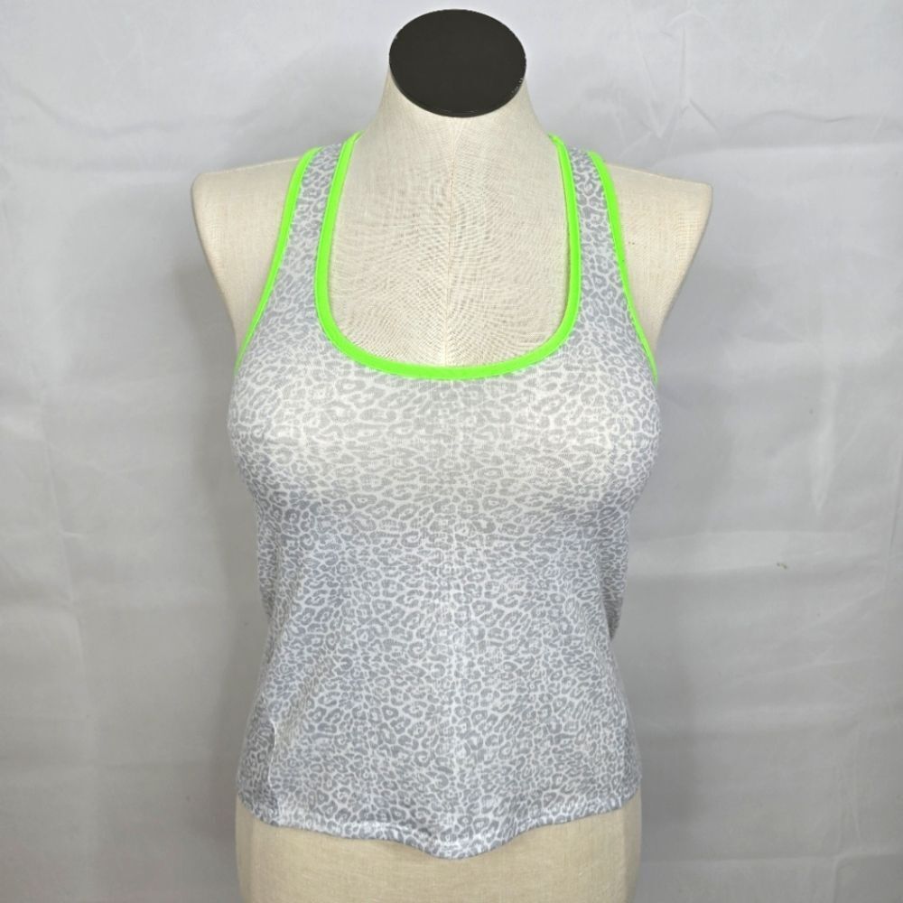 3/$25 dELiA*s White Gray Animal Print Tank Top W/Contrasting Neon Green Trim S